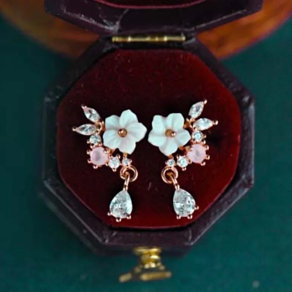 Sterling Silver Crystal Flower Earrings Delicate Minimal Floral Earrings Studs - Picture 1 of 8